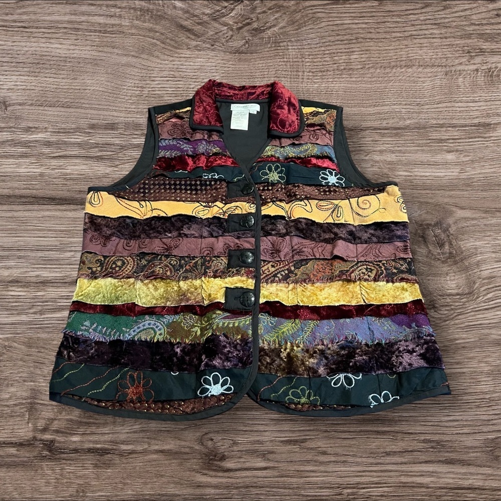 Coldwater Creek Boho Mixed Pattern Patchwork Vest Paisley Jacquard Wool Large